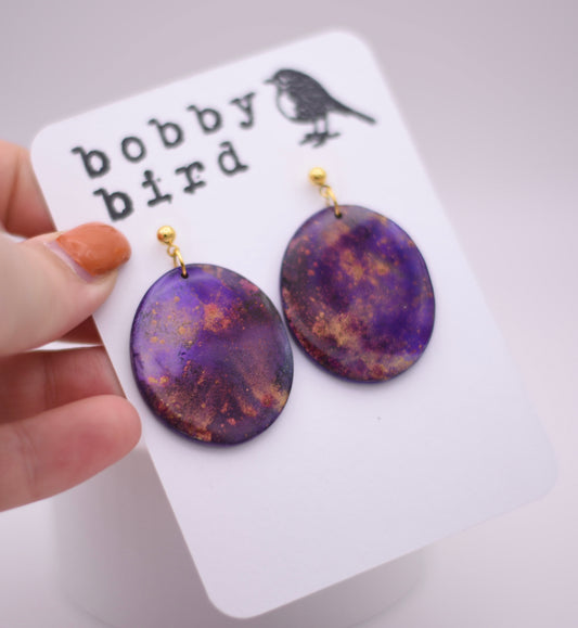Large Oval Purple Galaxy Earrings